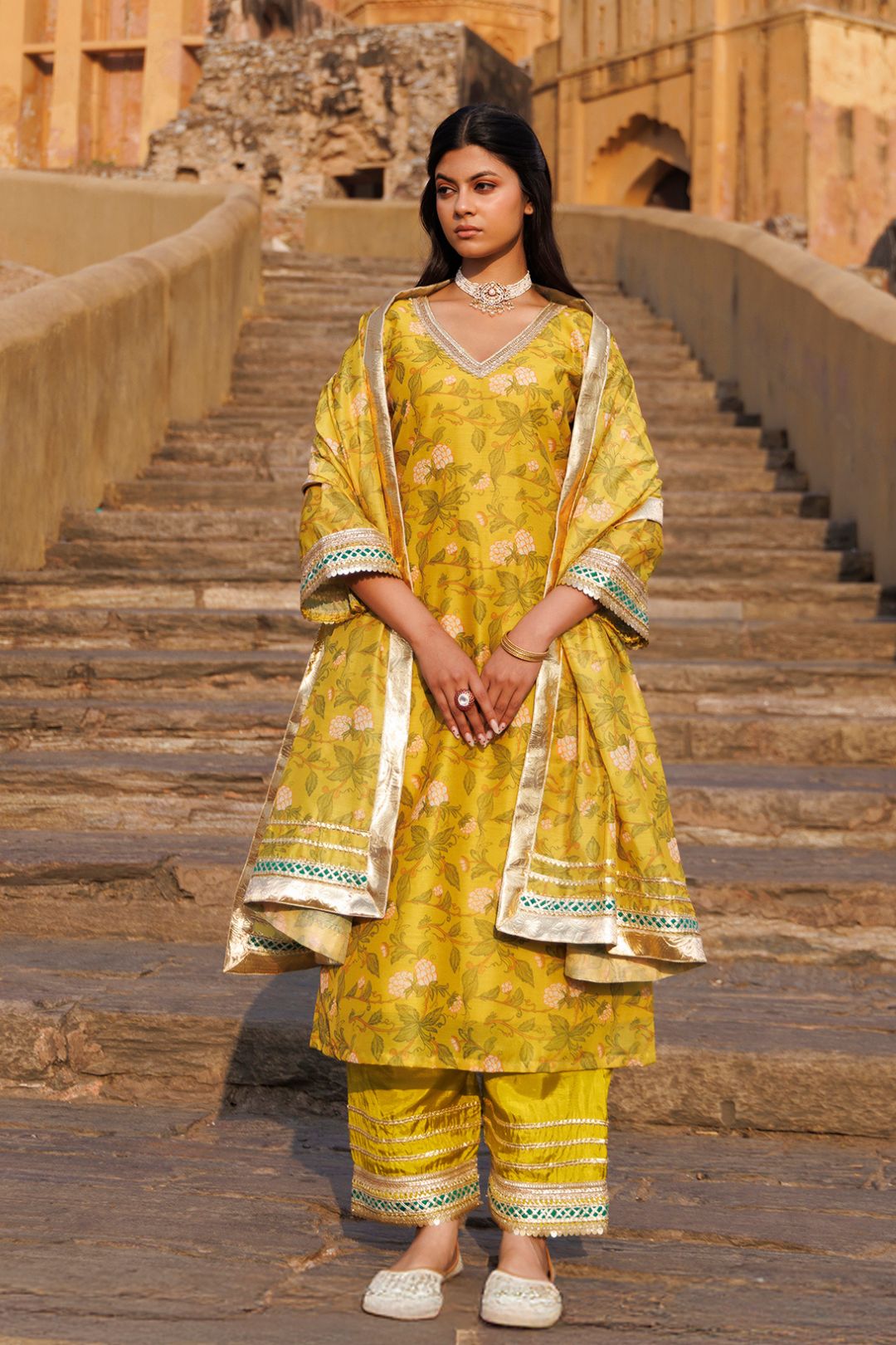 Olive Yellow Chanderi Kurta Set
