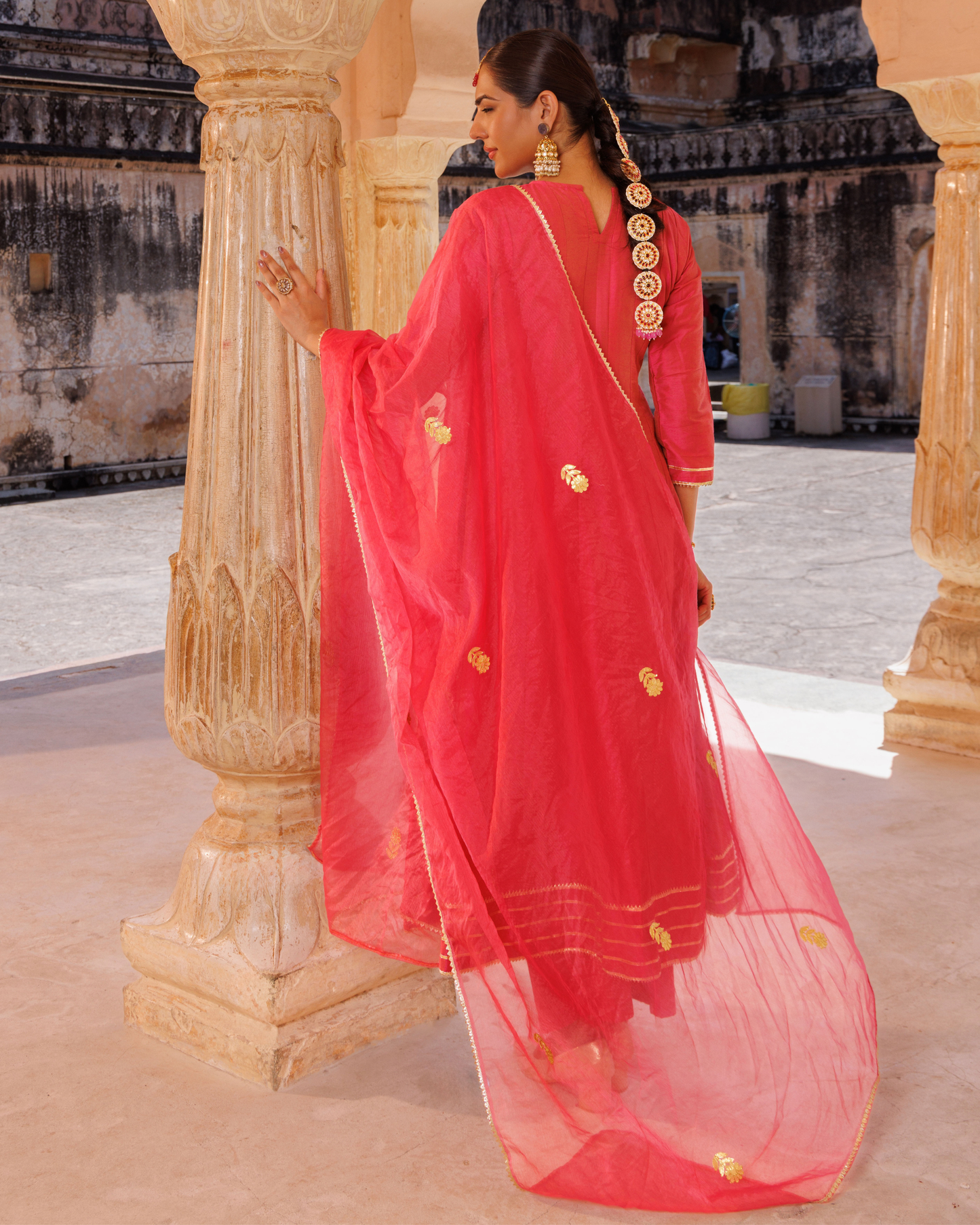 Pink raw silk, gota patti work anarkali set