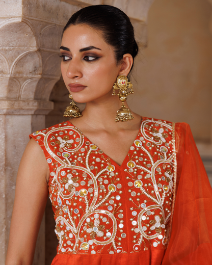 Orange Silk, hand embroidered anarkali set
