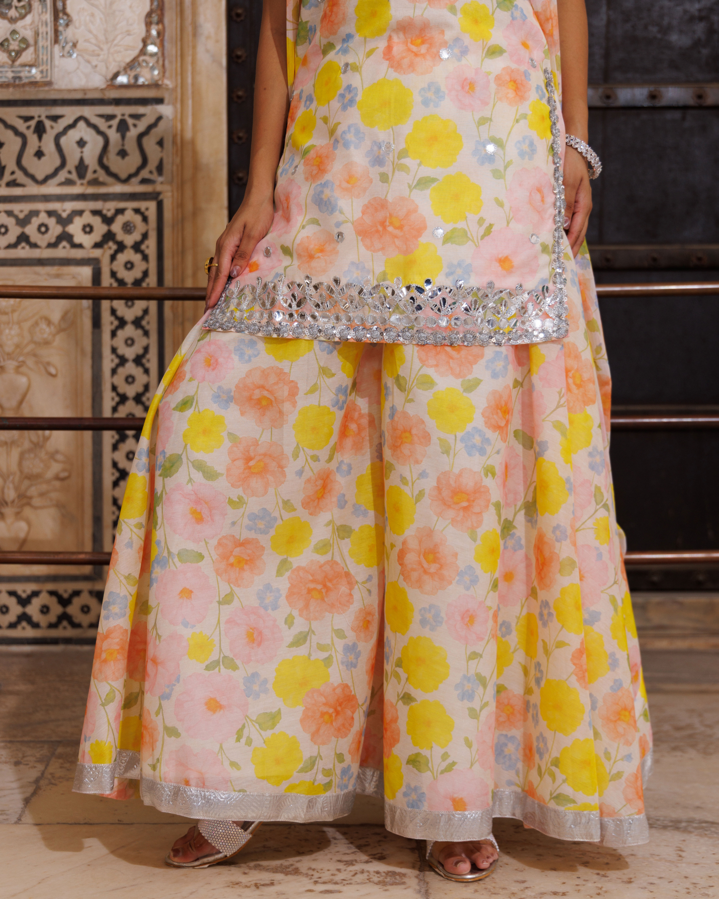 Ivory and yellow floral printed, gota patti work sharara set