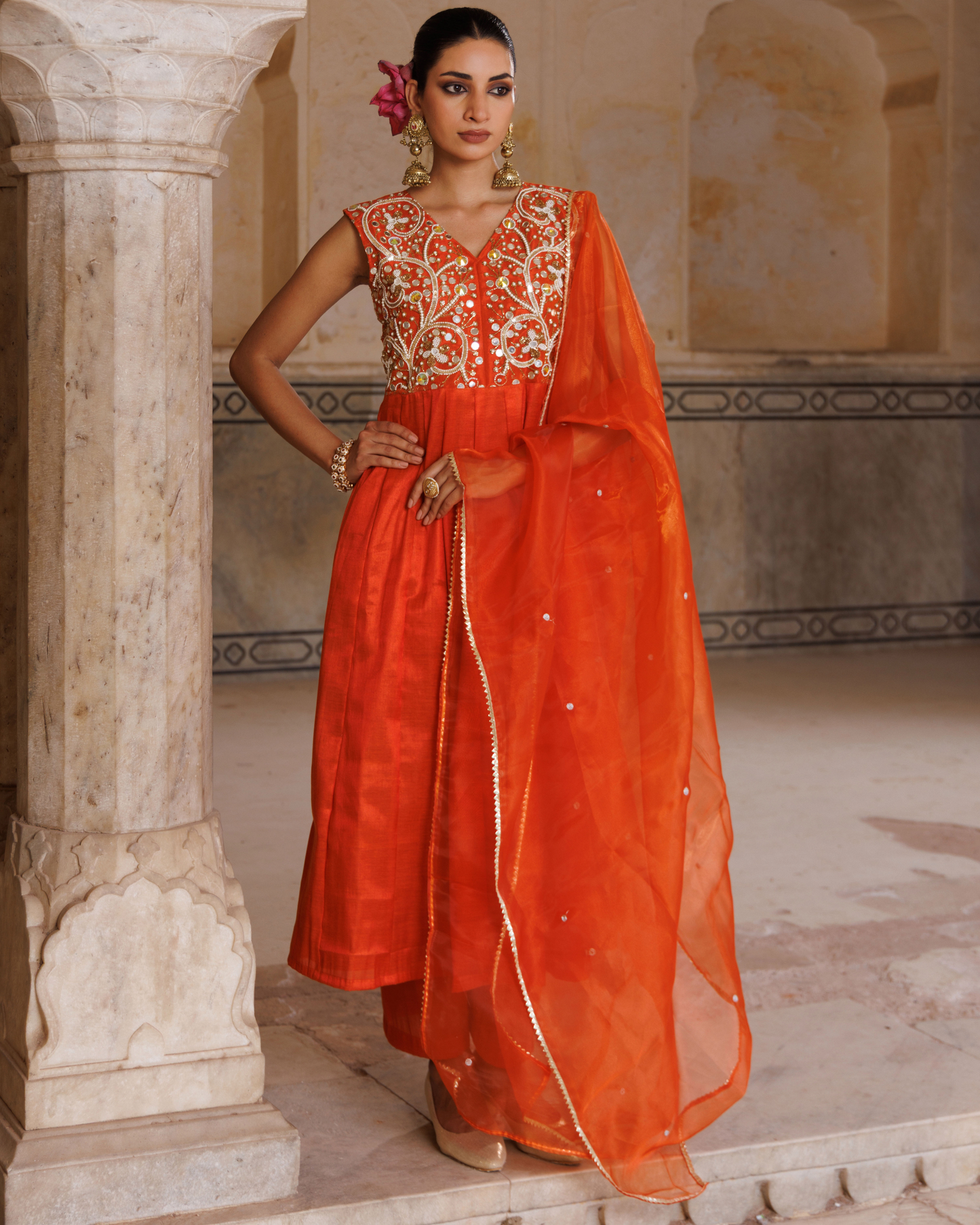 Orange Silk, hand embroidered anarkali set