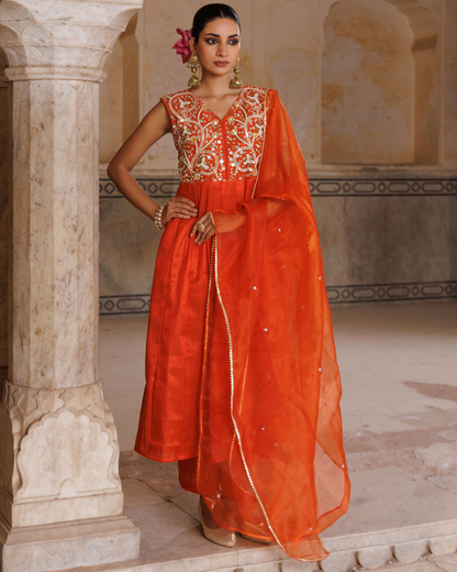 Orange Silk, hand embroidered anarkali set