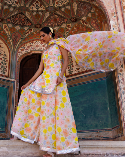 Ivory and yellow floral printed, gota patti work sharara set