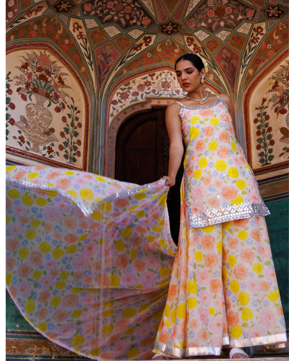 Ivory and yellow floral printed, gota patti work sharara set