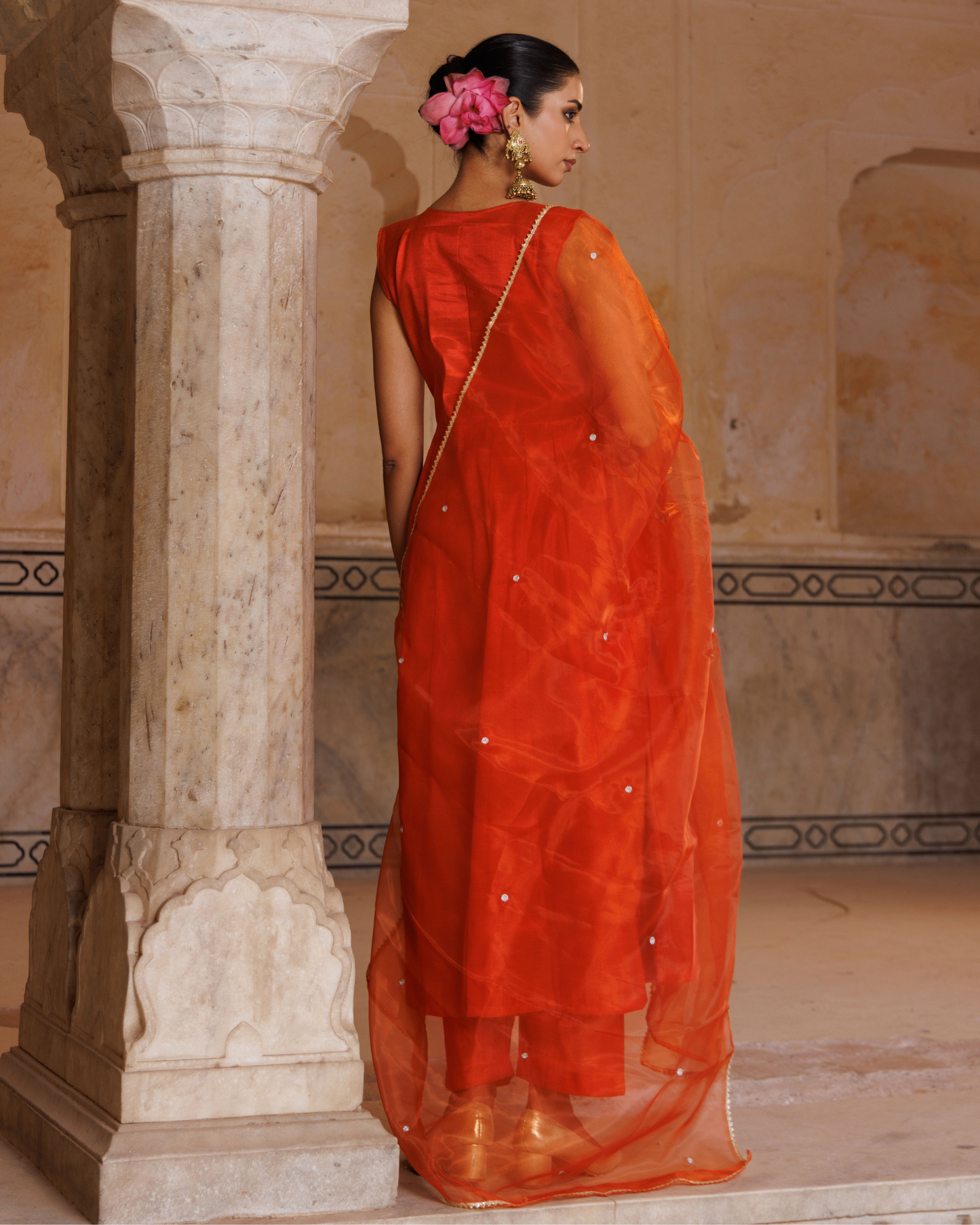 Orange Silk, hand embroidered anarkali set