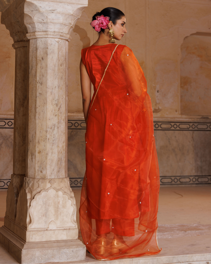 Orange Silk, hand embroidered anarkali set