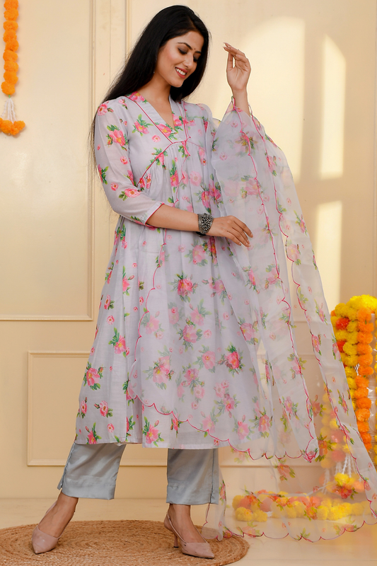 ROJA  GREY CHANDERI SUIT SET