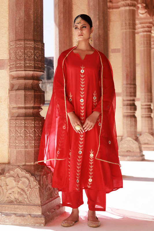 Red Chanderi Aari Embroidered Anarkali Set