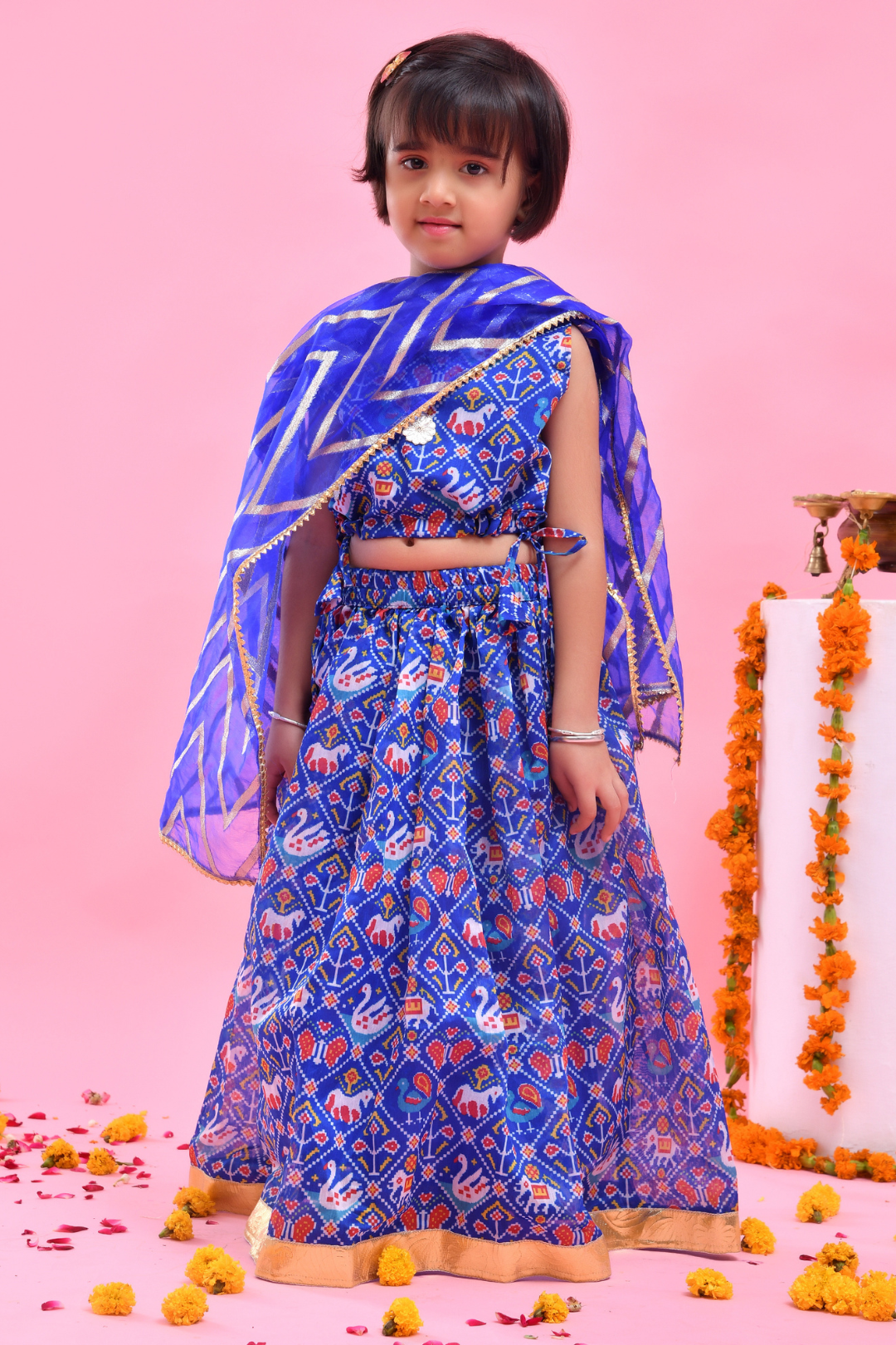 Blue Chanderi Printed Lehenga Set