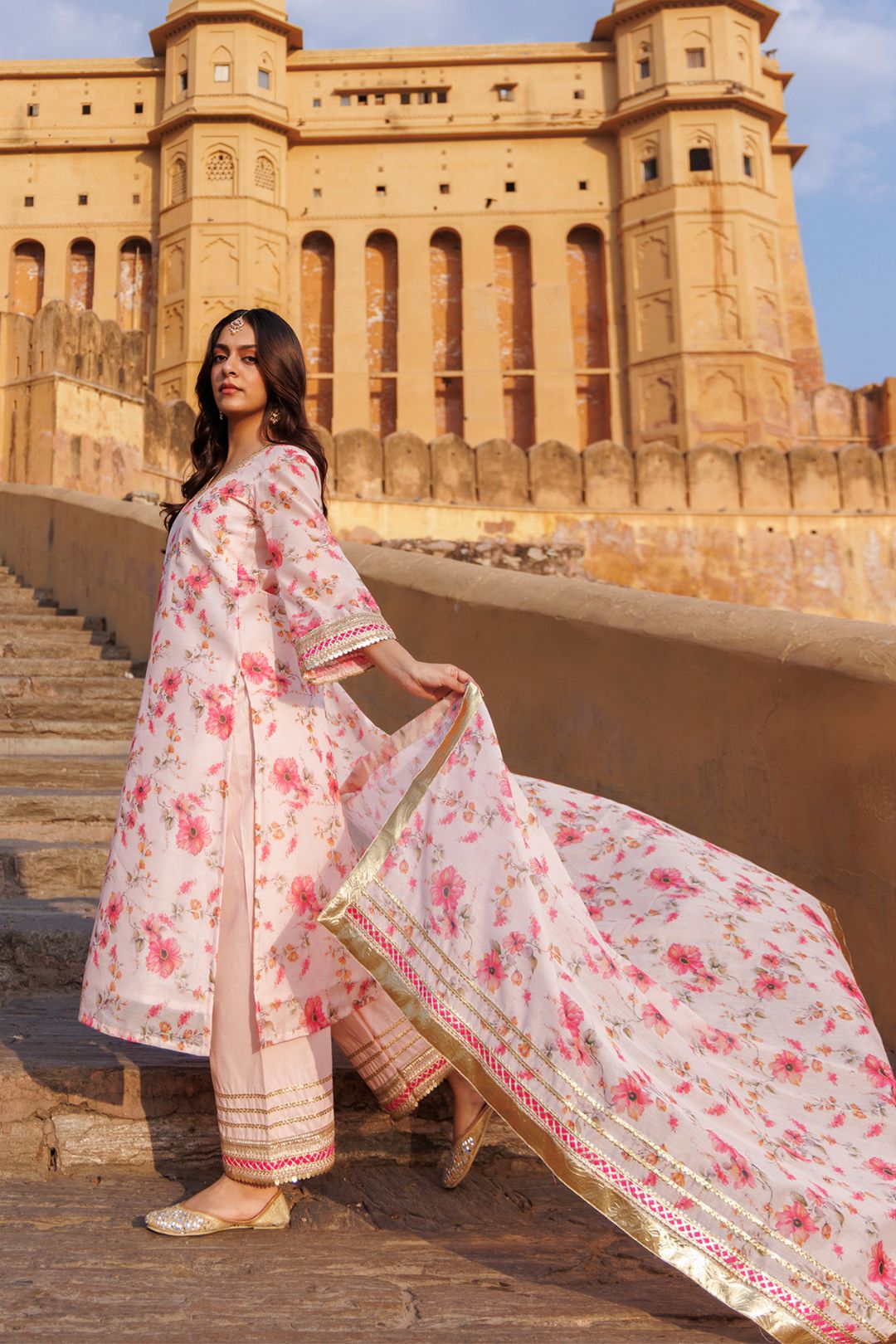 Pink Floral Printed Chanderi Kurta Set