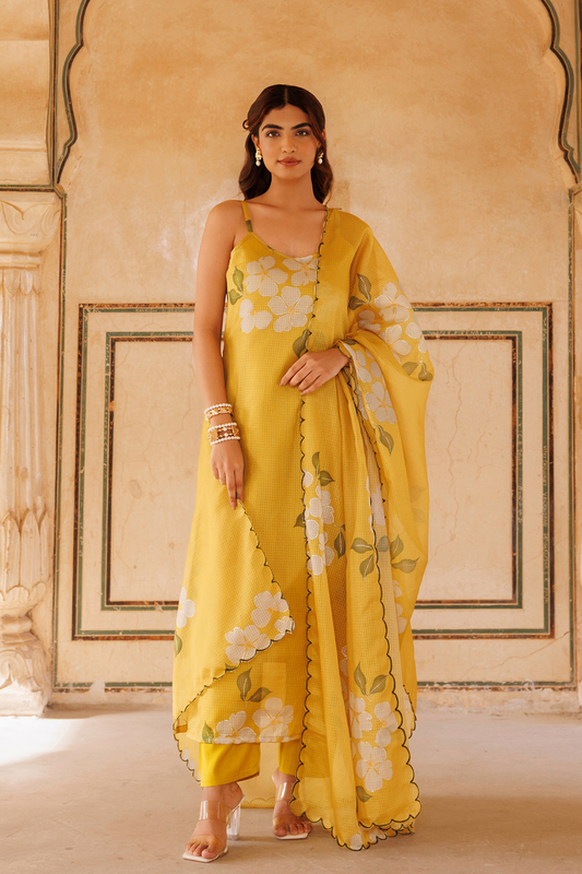Mustard Floral Printed Kota Doriya Strappy Kurta Set