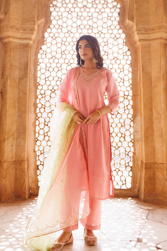 Pink Hand Embroidered Kurta Set With Dual Shaded Dupatta