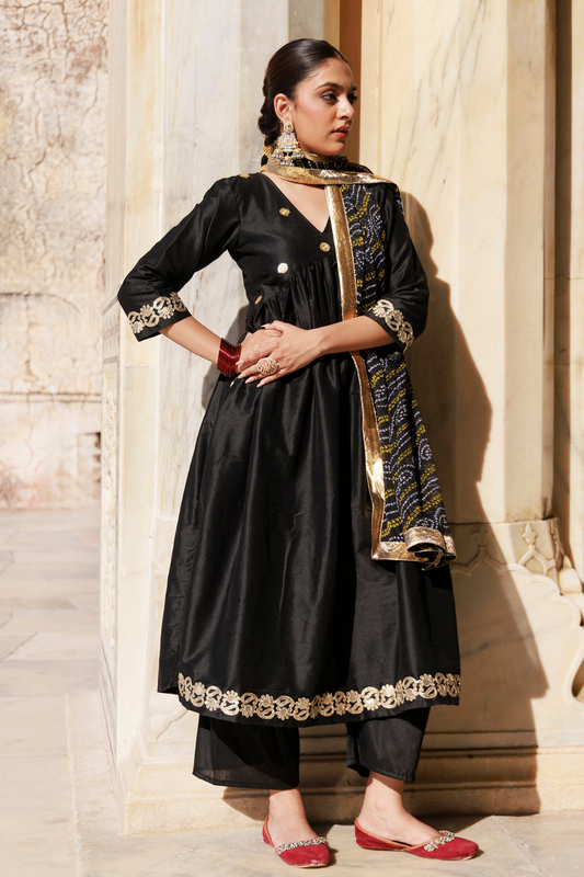 Black Gota Patti Work Dupion Silk Kurta Set with Bandhani Printed Dupatta