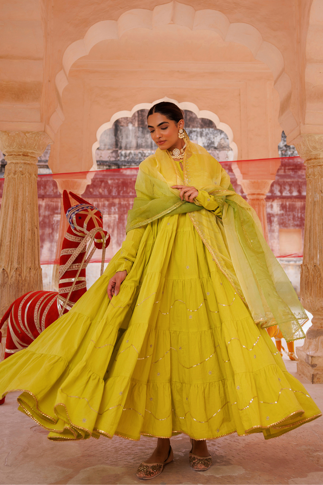 Green, Tiered Anarkali With Aari Taari Embroidery