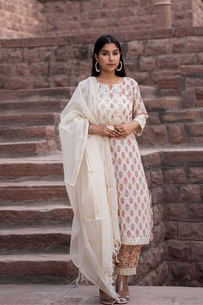 ALBELI OFF WHITE HAND BLOCK PRINT SUIT SET