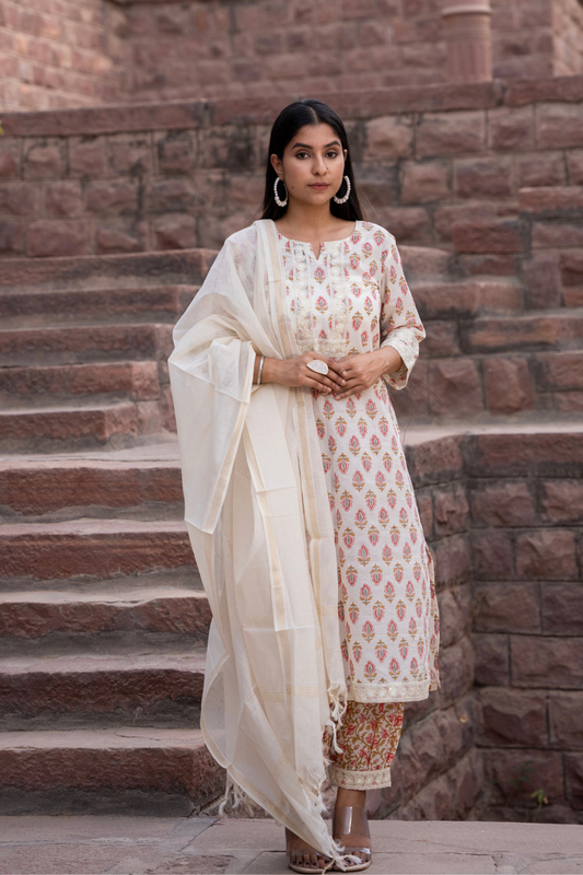 ALBELI OFF WHITE HAND BLOCK PRINT SUIT SET