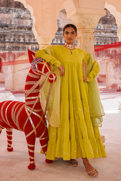 Green, Tiered Anarkali With Aari Taari Embroidery