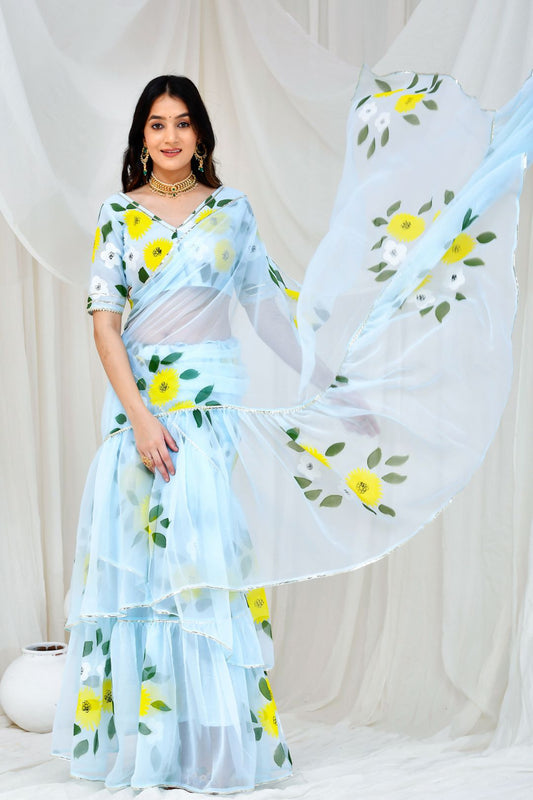 LIGHT BLUE HAND PAINTED DRAPED SAREE