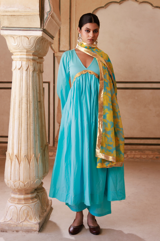 Blue Cotton Anarkali Set With Chiffon Dupatta