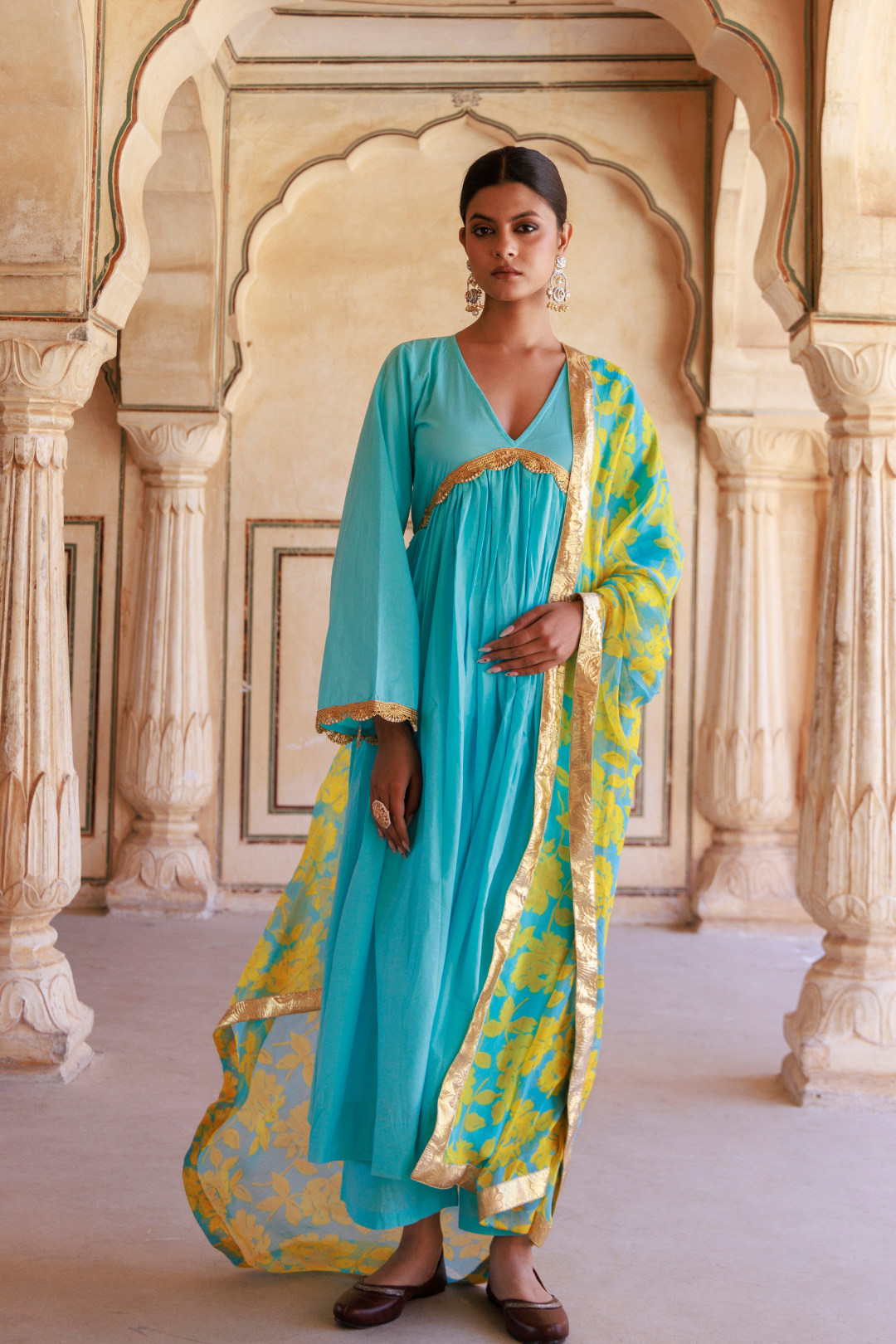 Blue Cotton Anarkali Set With Chiffon Dupatta