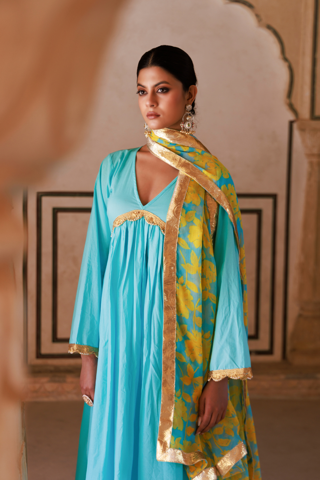 Blue Cotton Anarkali Set With Chiffon Dupatta