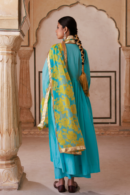 Blue Cotton Anarkali Set With Chiffon Dupatta