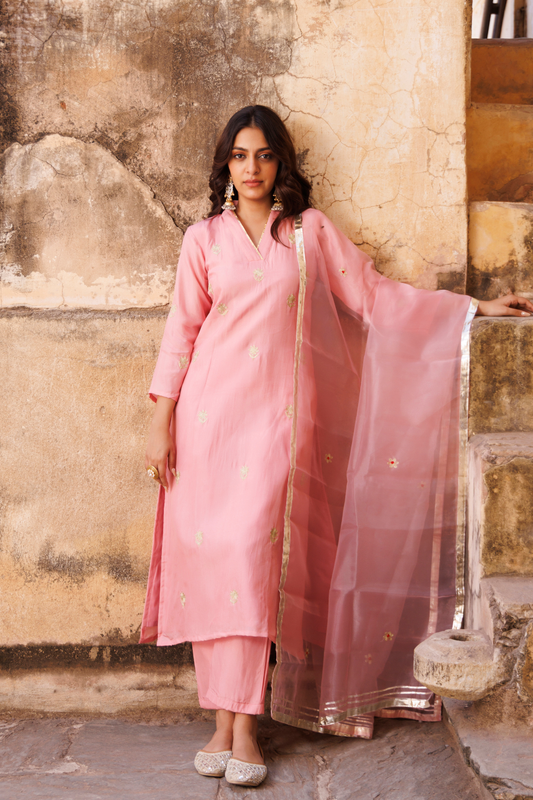 Pink Uppada Silk Aari Embroidered Kurta Set