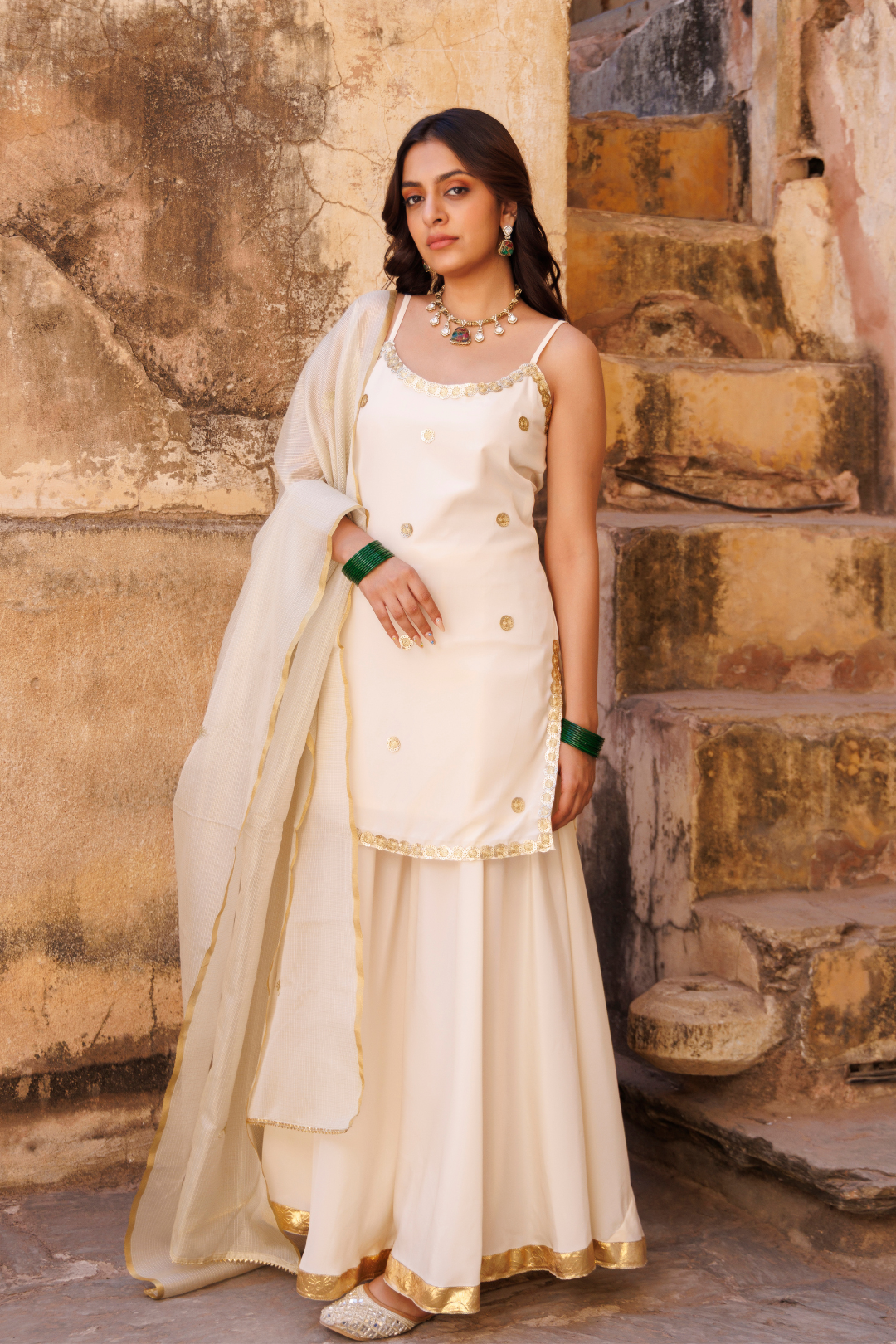 Ivory Crepe Strappy Sharara Set