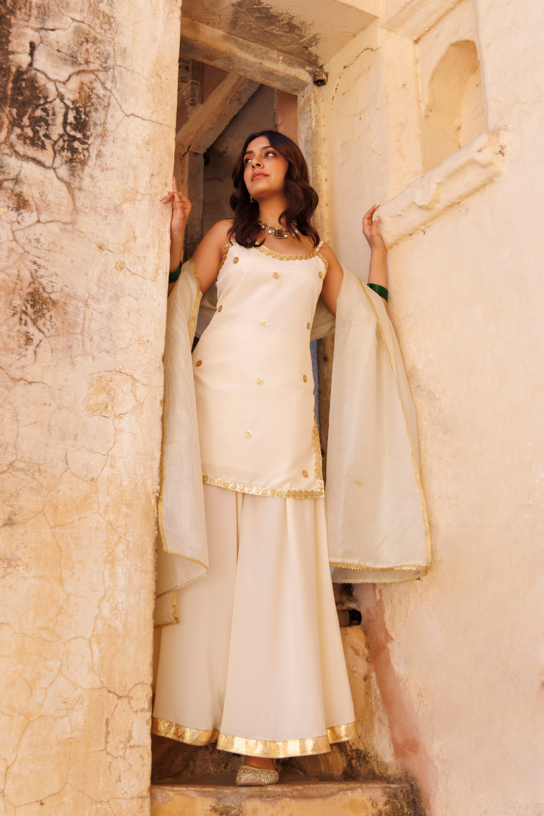 Ivory Crepe Strappy Sharara Set