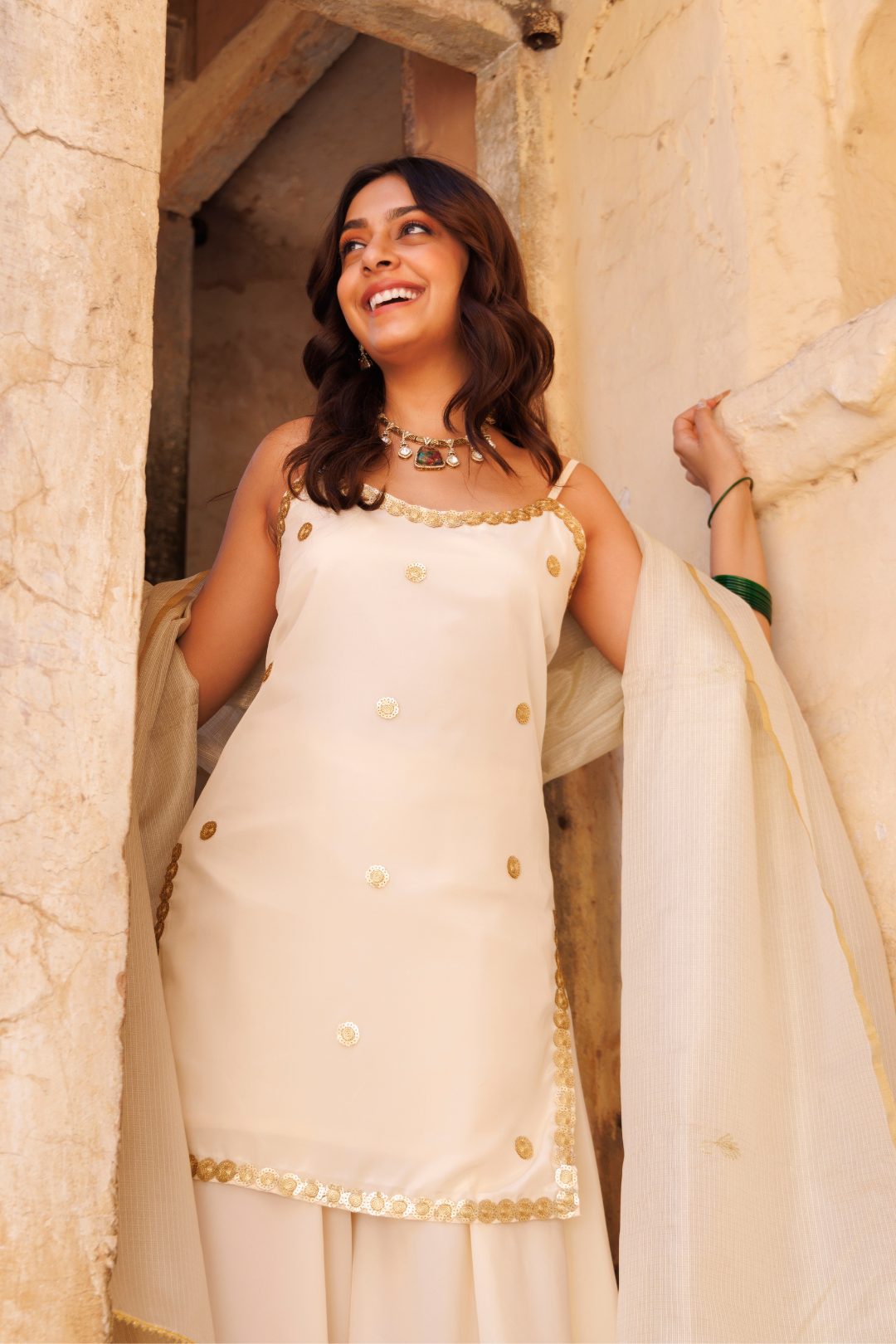 Ivory Crepe Strappy Sharara Set
