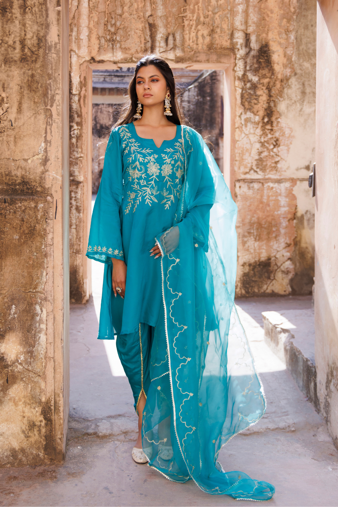 Teal Green Embroidered Dhoti Set
