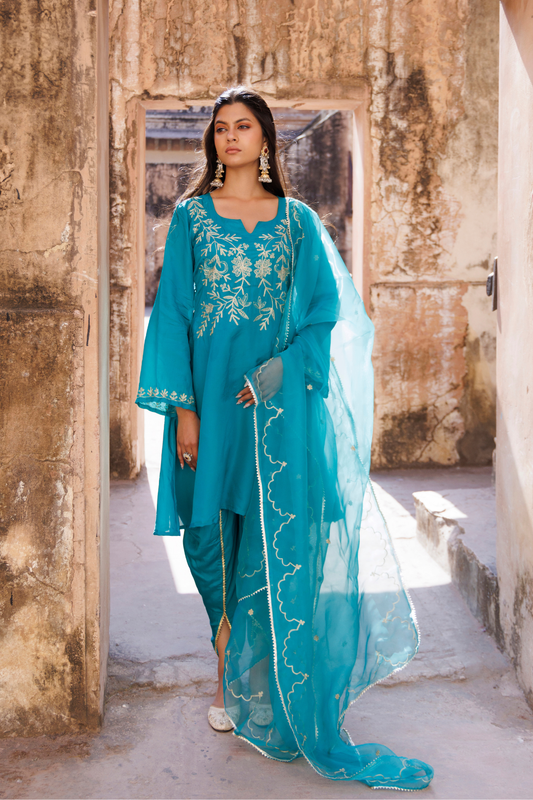 Teal Green Embroidered Dhoti Set