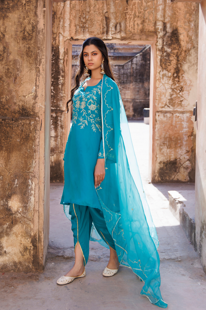 Teal Green Embroidered Dhoti Set