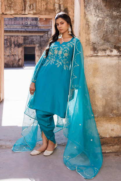 Teal Green Embroidered Dhoti Set