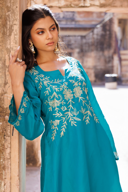 Teal Green Embroidered Dhoti Set