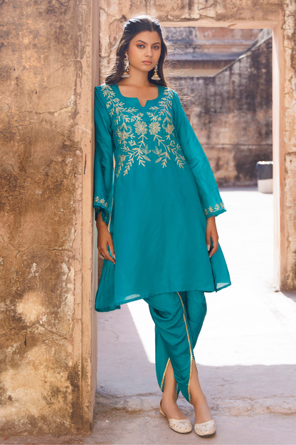 Teal Green Embroidered Dhoti Set