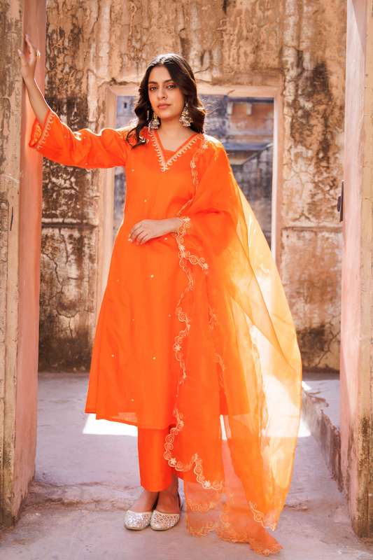 Orange Embroidered Kurta Set