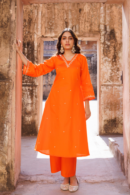 Orange Embroidered Kurta Set