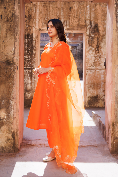 Orange Embroidered Kurta Set