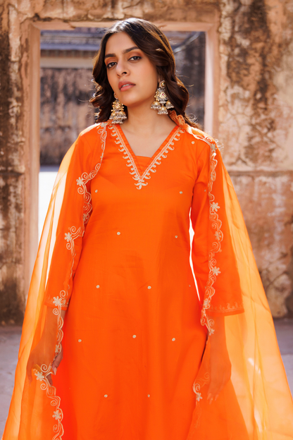 Orange Embroidered Kurta Set