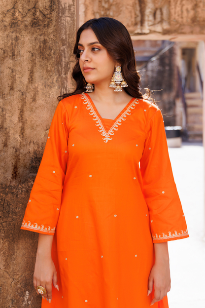 Orange Embroidered Kurta Set