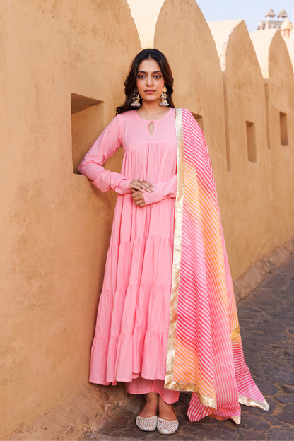 Pink Flared Cotton Anarkali Set