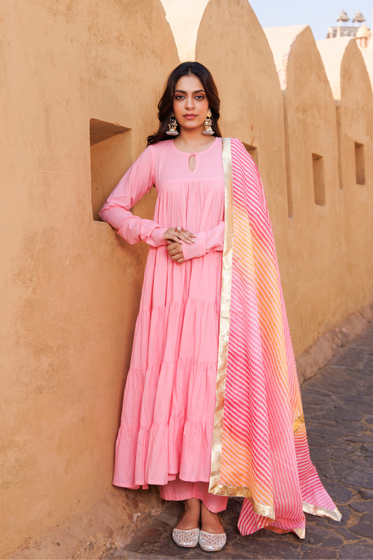 Pink Flared Cotton Anarkali Set