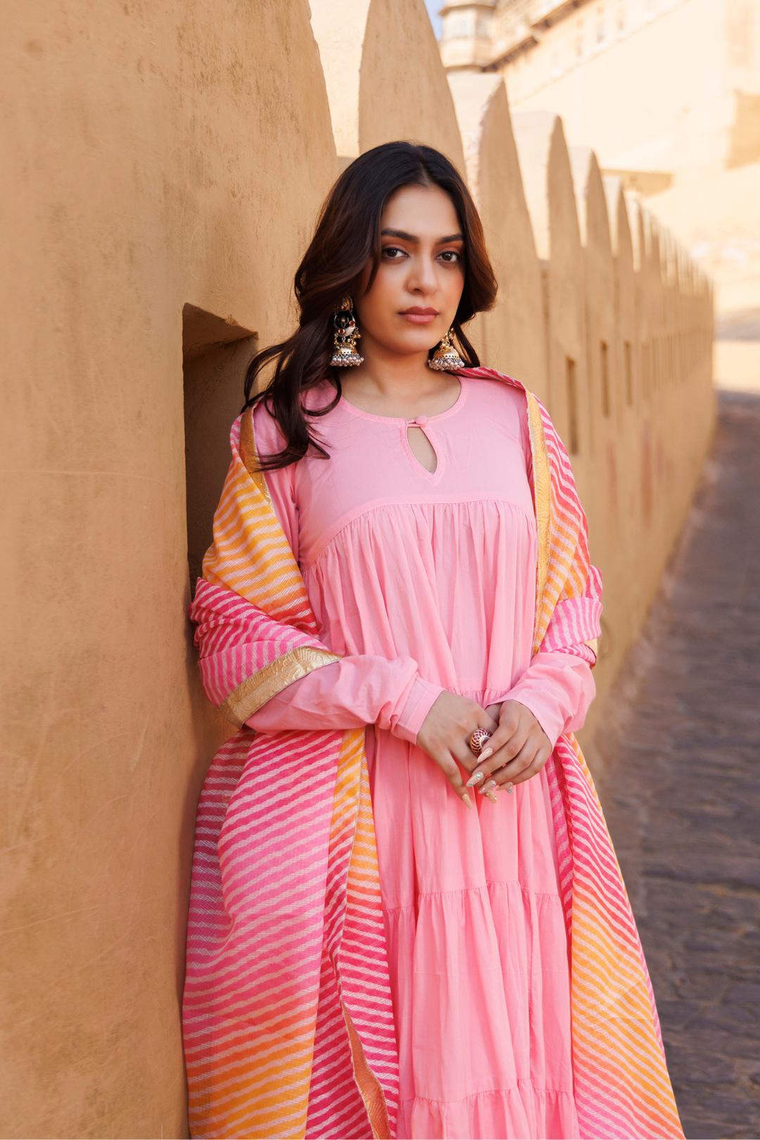 Pink Flared Cotton Anarkali Set