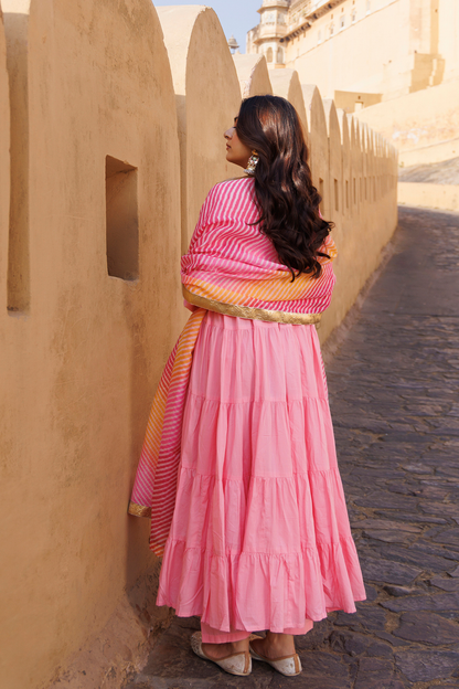 Pink Flared Cotton Anarkali Set