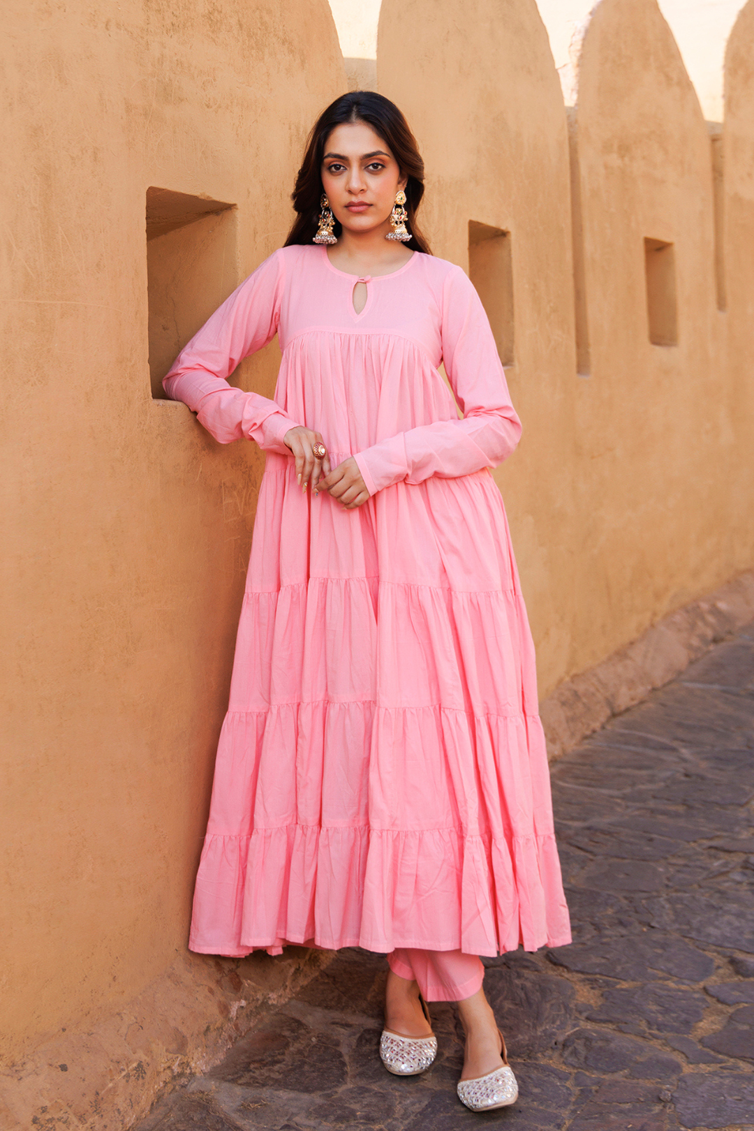 Pink Flared Cotton Anarkali Set