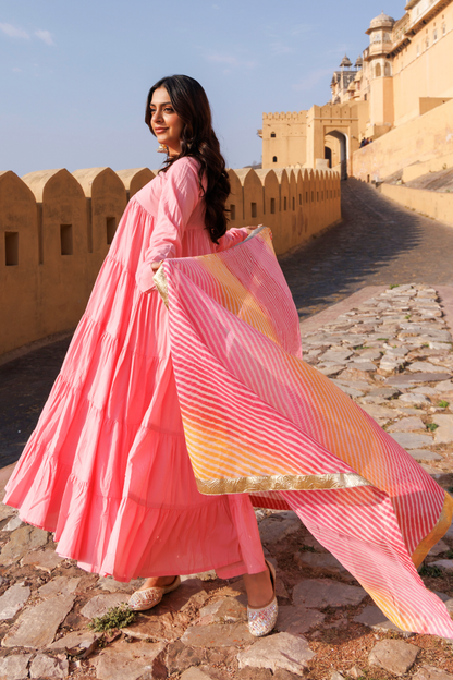 Pink Flared Cotton Anarkali Set