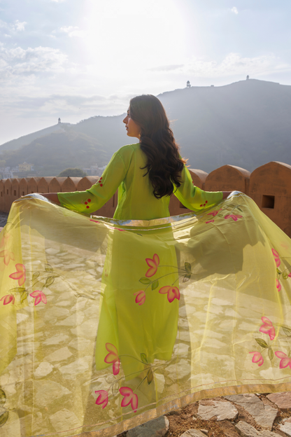 Aam Panna Uppada silk Kurta Set With Hand- Painted Dupatta