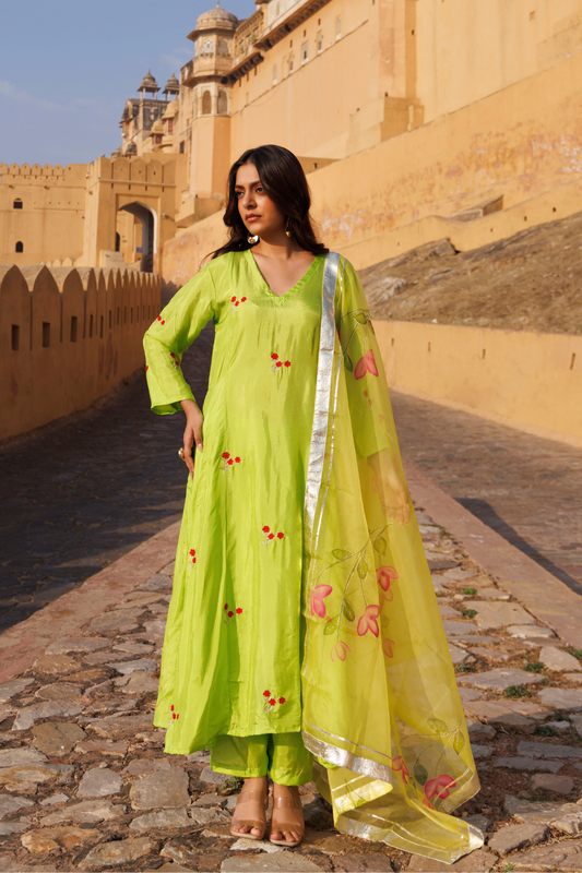Aam Panna Uppada silk Kurta Set With Hand- Painted Dupatta