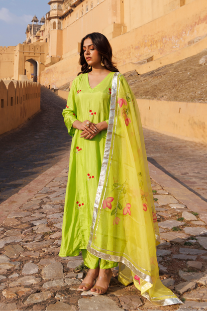 Aam Panna Uppada silk Kurta Set With Hand- Painted Dupatta